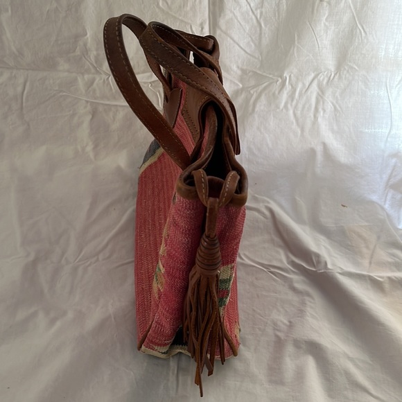 Vintage Southwest style loomed cotton & leather purse with leather tassel - Picture 2 of 11